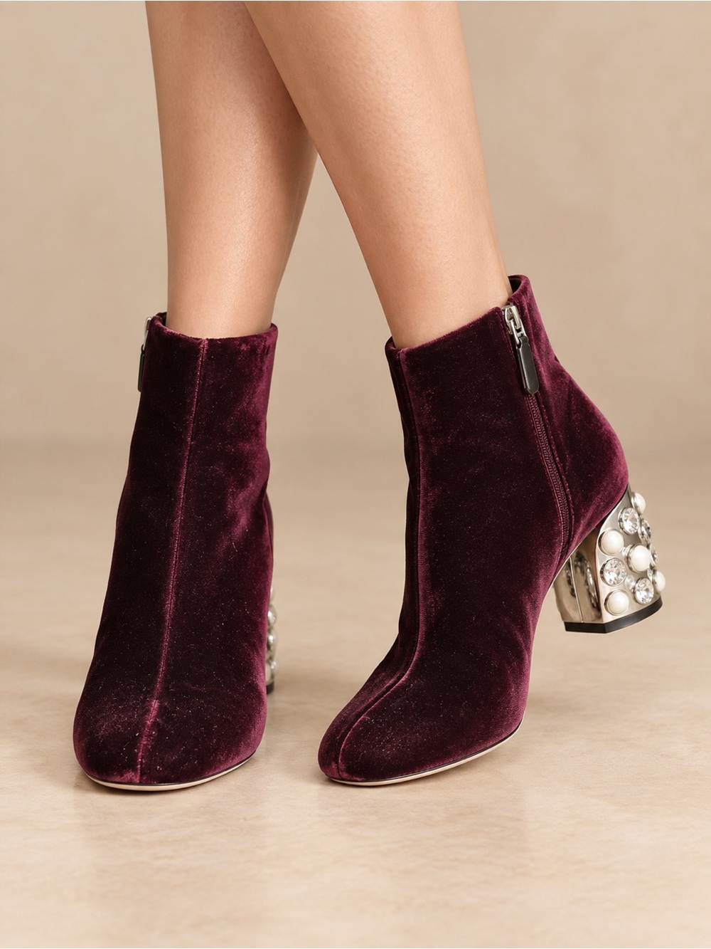 Miu Miu Burgundy Velvet Pearl Heel Ankle Boots